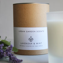 Load image into Gallery viewer, Urban Garden Scents essential oil and soy wax glass candle. Lavender & Mint - this scent is restoring and stimulating yet soothing at the same time.