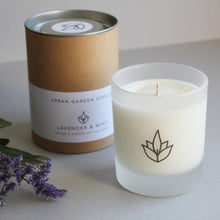 Load image into Gallery viewer, Urban Garden Scents essential oil and soy wax glass candle. Lavender & Mint - this scent is restoring and stimulating yet soothing at the same time.