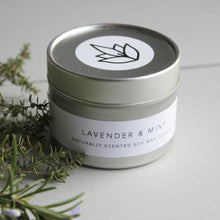 Load image into Gallery viewer, Urban Garden Scents essential oil and soy wax travel candle. Lavender &amp; Mint - this scent is restoring and stimulating yet soothing at the same time.
