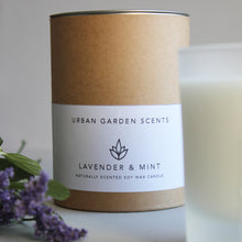 Load image into Gallery viewer, Urban Garden Scents essential oil and soy wax glass candle. Lavender &amp; Mint - this scent is restoring and stimulating yet soothing at the same time.