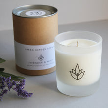 Load image into Gallery viewer, Urban Garden Scents essential oil and soy wax glass candle. Lavender &amp; Mint - this scent is restoring and stimulating yet soothing at the same time.