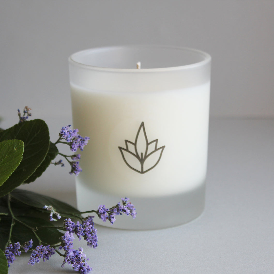 Urban Garden Scents essential oil and soy wax glass candle. Lavender & Mint - this scent is restoring and stimulating yet soothing at the same time. strong scented candles, soy candle scented candle, mindfulness candle, meditation candle, aromatherapy. gift.
